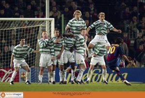 8 Celtic players block Barcelona's Ronaldinho's free kick in the last minutes of the game