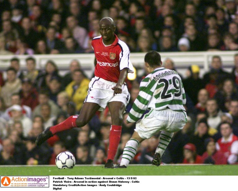 Patrick Vieira - Arsenal in action against Shaun Maloney - Celtic