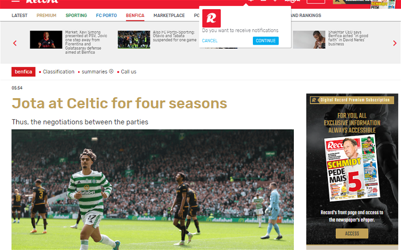 Image for Jota at Celtic for four seasons- Wednesday morning report from Record, Portugal